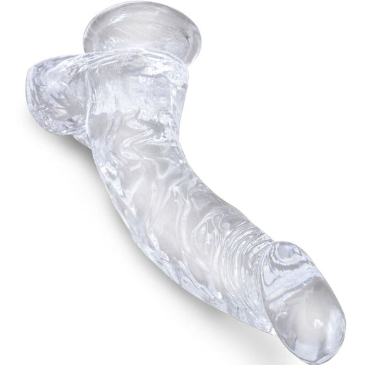 Penis realistico trasparente KING COCK, modello curvo con sfere, lungo 16,5 cm, con dettagli realistici e superficie trasparente.