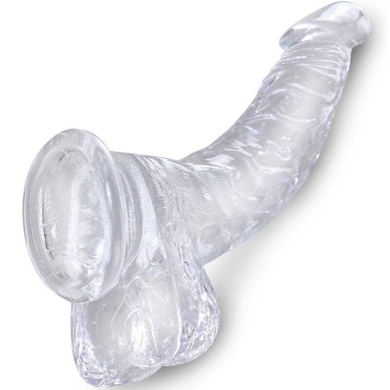Penis realistico trasparente KING COCK, curva con sfere, lunghezza di 16,5 cm, dettagli realistici e superficie liscia.