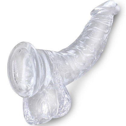 Penis realistico trasparente KING COCK, curva con sfere, lunghezza di 16,5 cm, dettagli realistici e superficie liscia.
