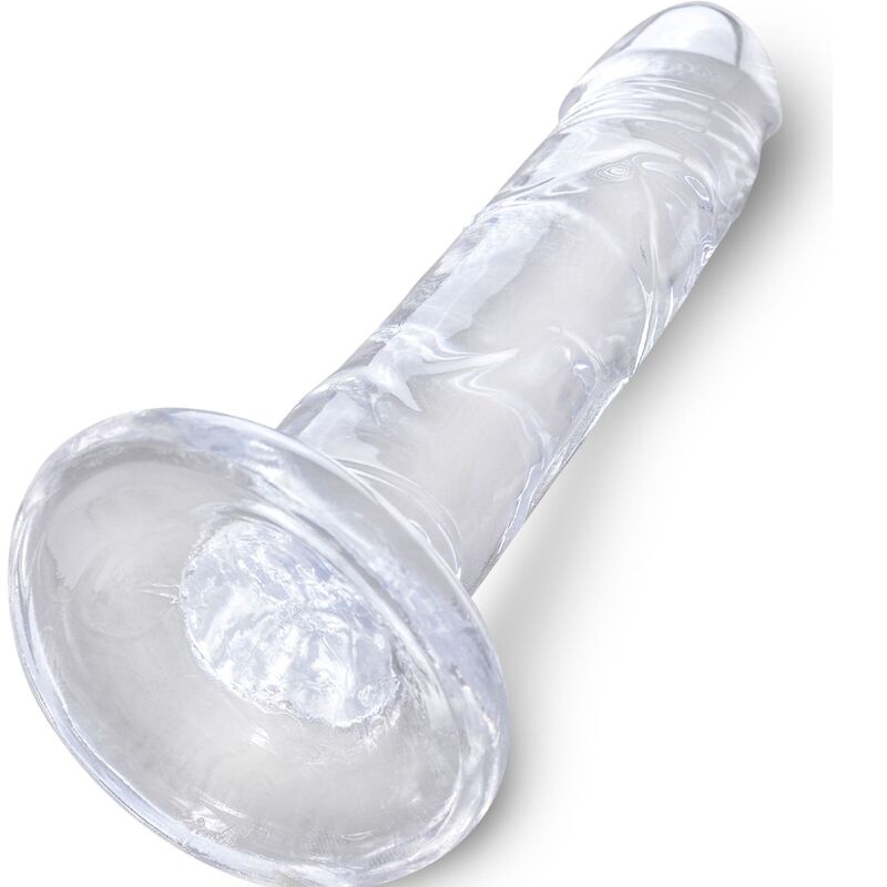 Penis realistico trasparente KING COCK, lunghezza di 15,5 cm, dettagli realistici e superficie liscia, in materiale trasparente.