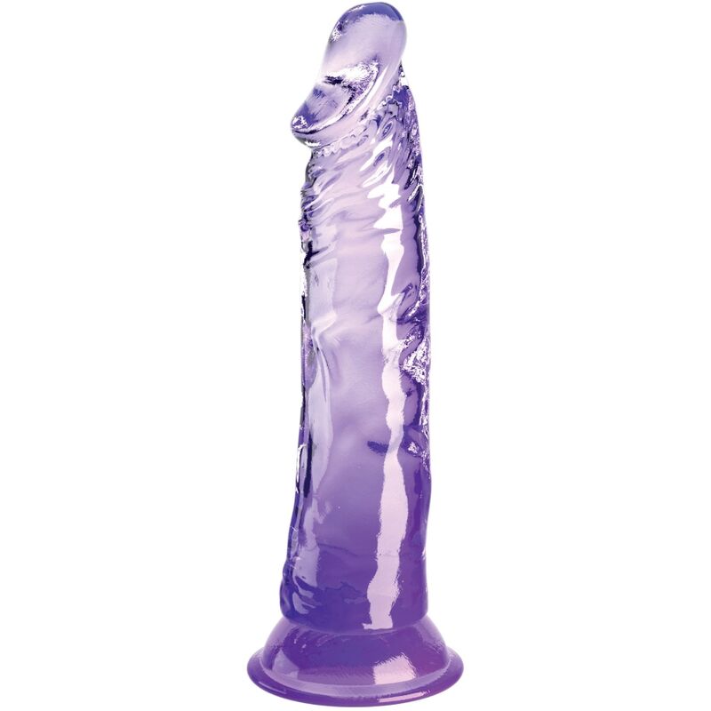 Finto pene realistico KING COCK trasparente viola lungo 19,7 cm con dettagli realistici, visibile in immagine.