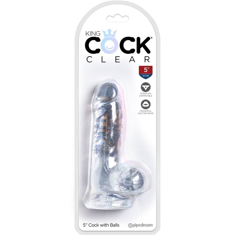 Penis realistico trasparente KING COCK con sfere, lunghezza di 10,1 cm, dettagli realistici e design trasparente.