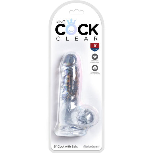 Penis realistico trasparente KING COCK con sfere, lunghezza di 10,1 cm, dettagli realistici e design trasparente.