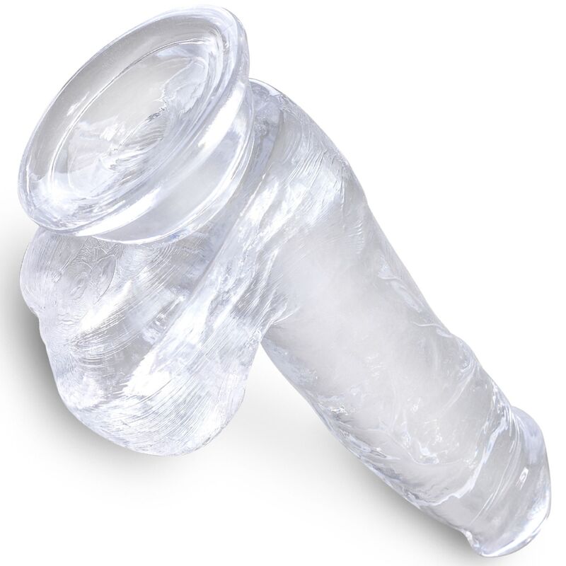 Penis realistico trasparente KING COCK con sfere, lunghezza 13,5 cm, dettagli realistici e superficie trasparente.