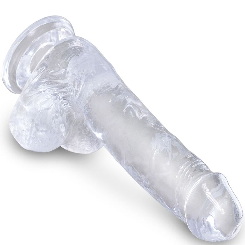 Penis realistico trasparente KING COCK con sfere, lunghezza 13,5 cm, dettagli realistici e superficie trasparente.