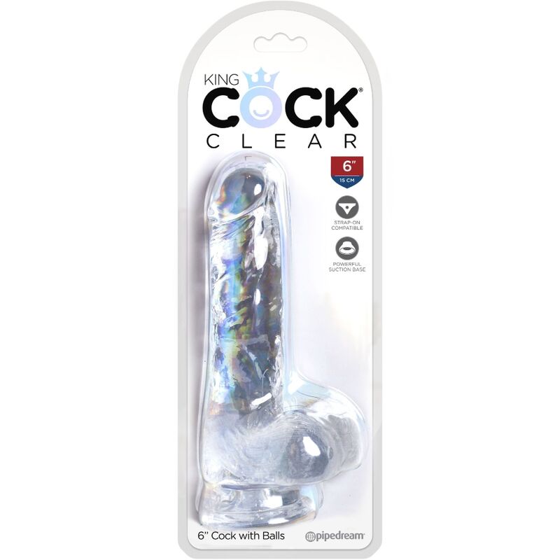 Finto pene realistico trasparente KING COCK da 13,5 cm con sfere, dettagli realistici e superficie liscia in silicone trasparente.