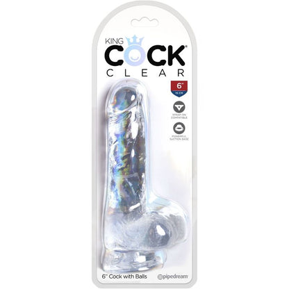 Finto pene realistico trasparente KING COCK da 13,5 cm con sfere, dettagli realistici e superficie liscia in silicone trasparente.