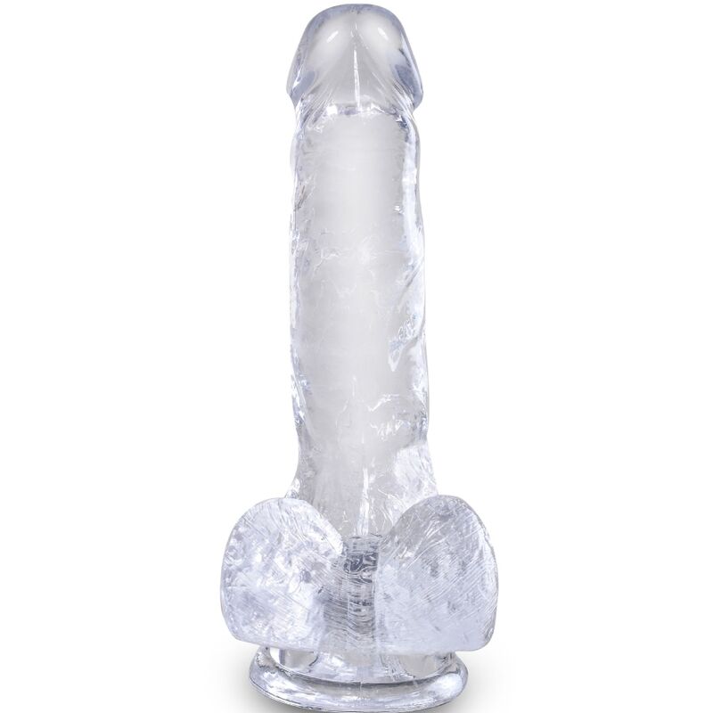 Penis realistico trasparente KING COCK con sfere, lunghezza 13,5 cm, materiale trasparente e dettagli realistici.