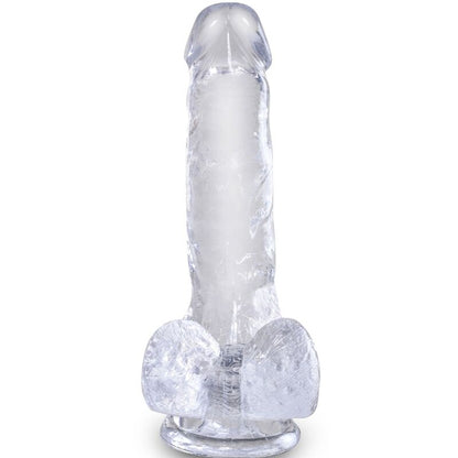 Penis realistico trasparente KING COCK con sfere, lunghezza 13,5 cm, materiale trasparente e dettagli realistici.