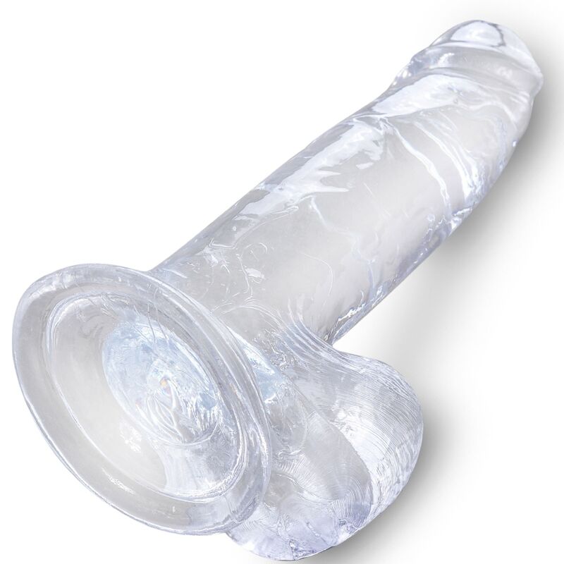 Realistico pene trasparente KING COCK con sfere, lungo 15,2 cm, dettagli realistici e superficie liscia, aperto e visibile in immagine.