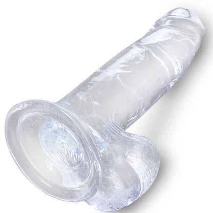 Realistico pene trasparente KING COCK con sfere, lungo 15,2 cm, dettagli realistici e superficie liscia, aperto e visibile in immagine.