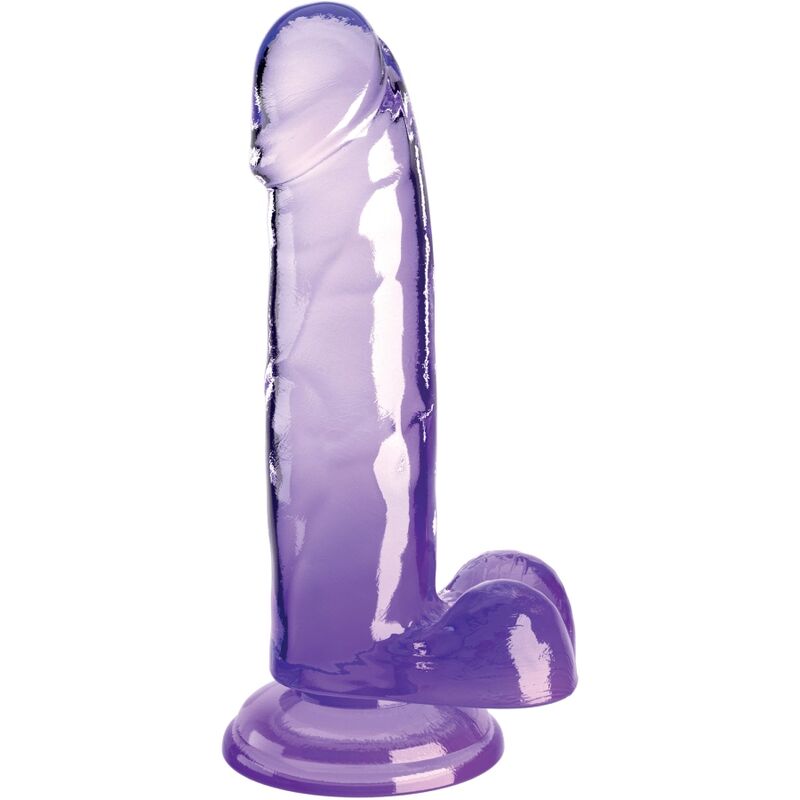 Realistico pene KING COCK trasparente con sfere, lunghezza 15,2 cm, colore viola, dettagli realistici e texture visibili.