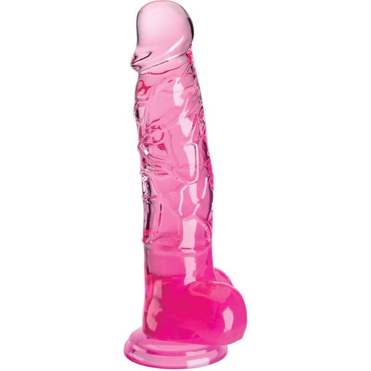 Realistico pene KING COCK trasparente rosa con sfere, lunghezza 16.5 cm, dettagli realistici e superficie liscia.
