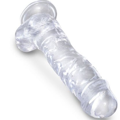 Penis realistico trasparente KING COCK con sfere, lunghezza di 16,5 cm, dettaglio realistico e superficie liscia.