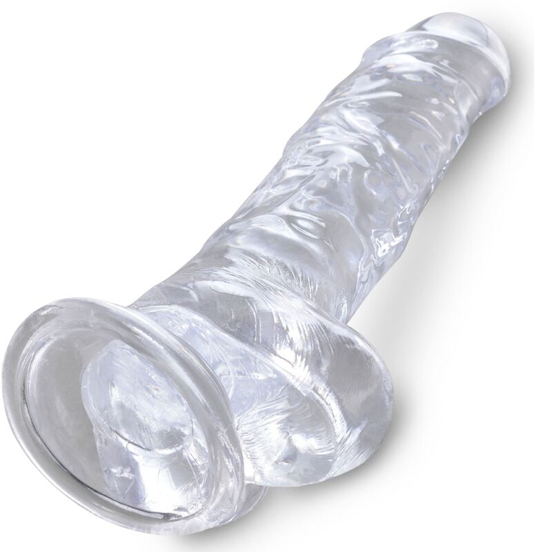 Penis realistico trasparente KING COCK con sfere, lunghezza 16,5 cm, design dettagliato e realistico per uso sessuale.