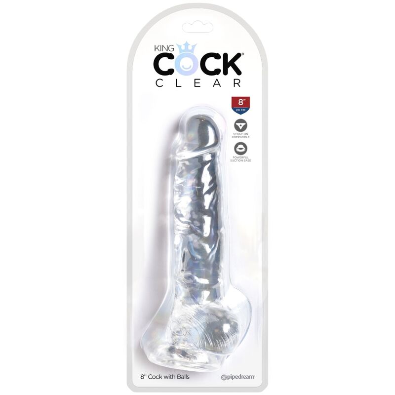 Pene realistico trasparente KING COCK, modello Clear con sfere, lunghezza 16.5 cm, dettagli realistici e texture visibile.