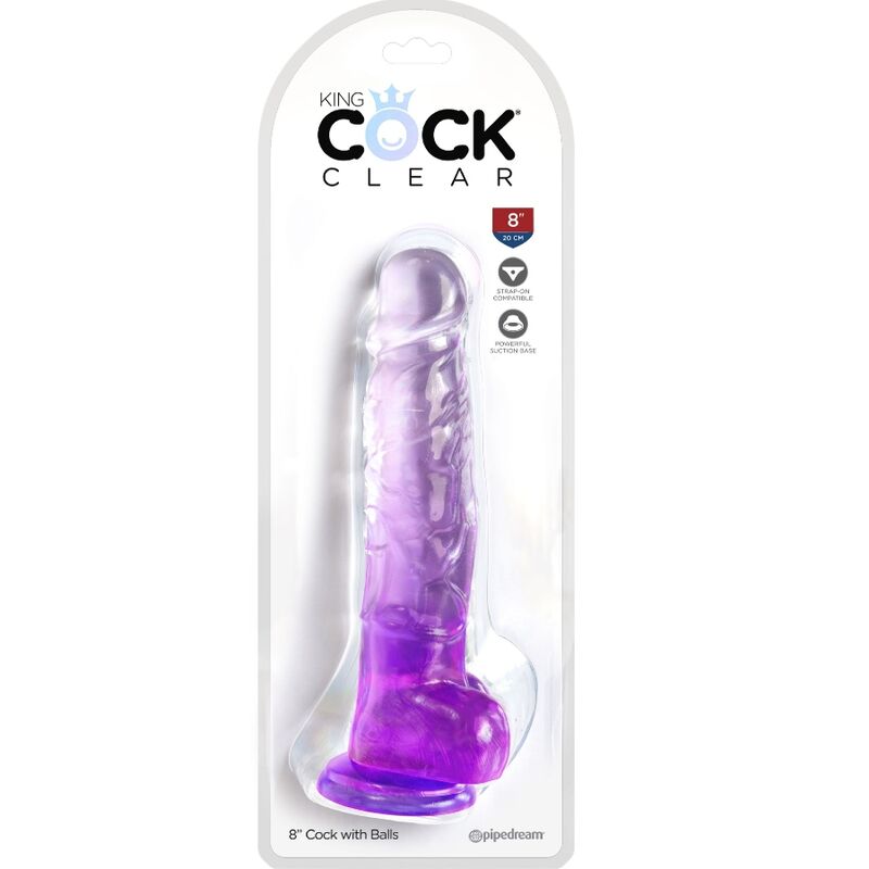 Penis realistico trasparente KING COCK con sfere, lunghezza 16,5 cm, colore viola, dettaglio visibile e superficie realistica.