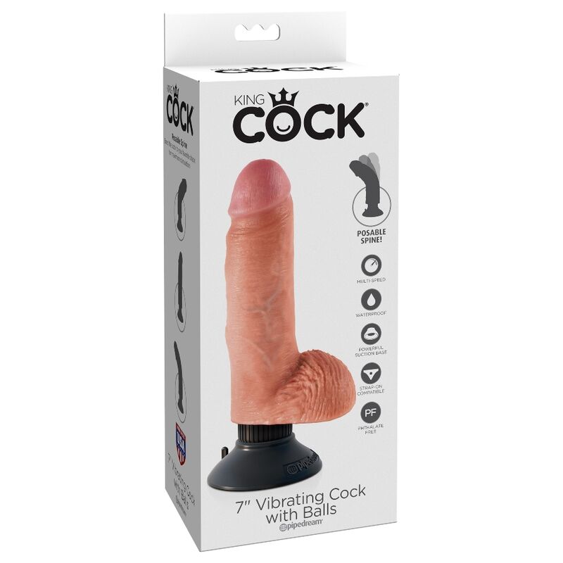 Dildo vibratore KING COCK con testicoli, lunghezza di 17,78 cm, colore naturale, dettagli realistici, per piacere e stimolazione.