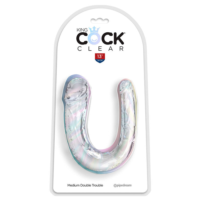 Dildo doppio trasparente KING COCK DOUBLE TROUBLE, lungo 33 cm, con dettagli realistici, visibile in dettaglio nell'immagine.