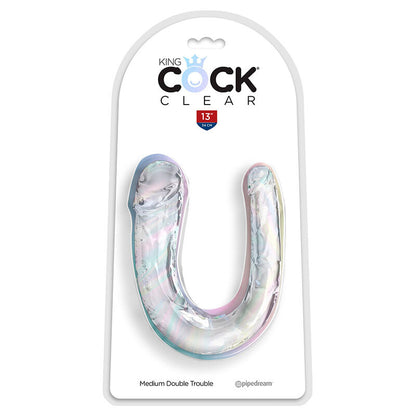Dildo doppio trasparente KING COCK DOUBLE TROUBLE, lungo 33 cm, con dettagli realistici, visibile in dettaglio nell'immagine.