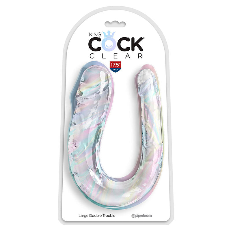 Doppio Trouble 44 cm trasparente di KING COCK, dildo realistico in gel trasparente con dettagli anatomici.