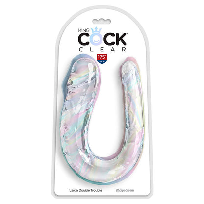 Doppio Trouble 44 cm trasparente di KING COCK, dildo realistico in gel trasparente con dettagli anatomici.