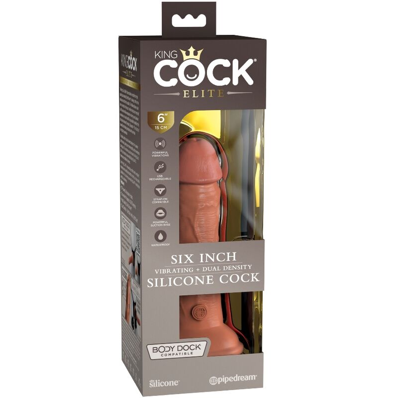 Dildo realistico vibrante KING COCK Elite in silicone color caramello, lunghezza 15,2 cm, con dettagli realistici e texture naturale.
