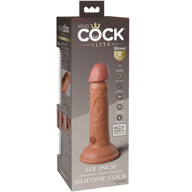 Dildo realistico vibrante KING COCK Elite in silicone color caramello, lunghezza 15,2 cm, con forma anatomica.