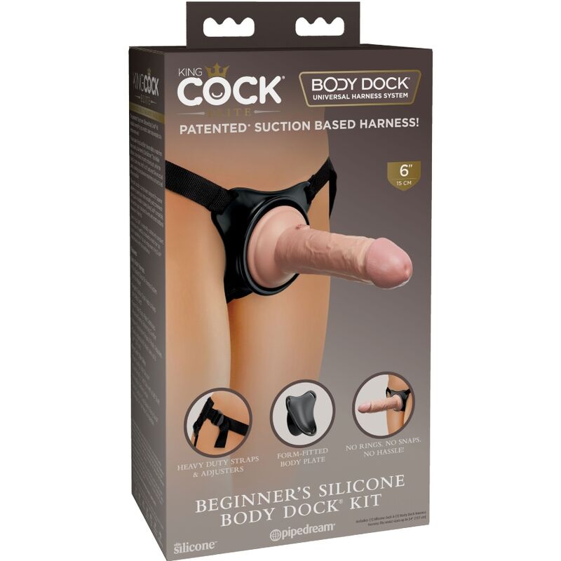 Imbragatura regolabile KING COCK Elite con dildo da 15,2 cm, adatta a principianti, mostrata in dettaglio.