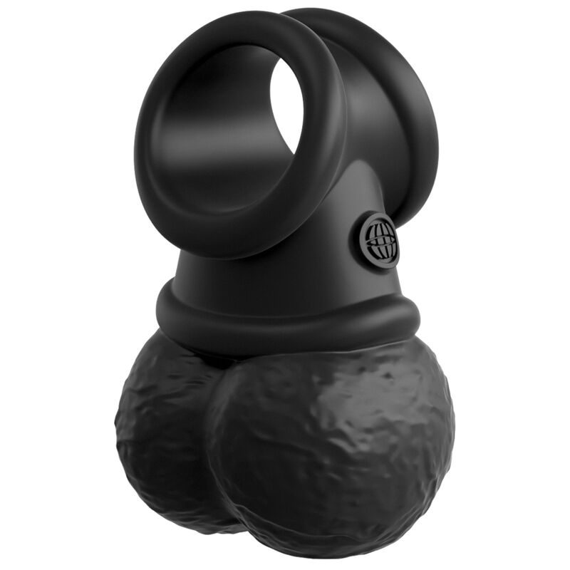Imbracatura regolabile KING COCK Elite Kit con anello, testicoli e dildo di 20,3 cm, in dettaglio.
