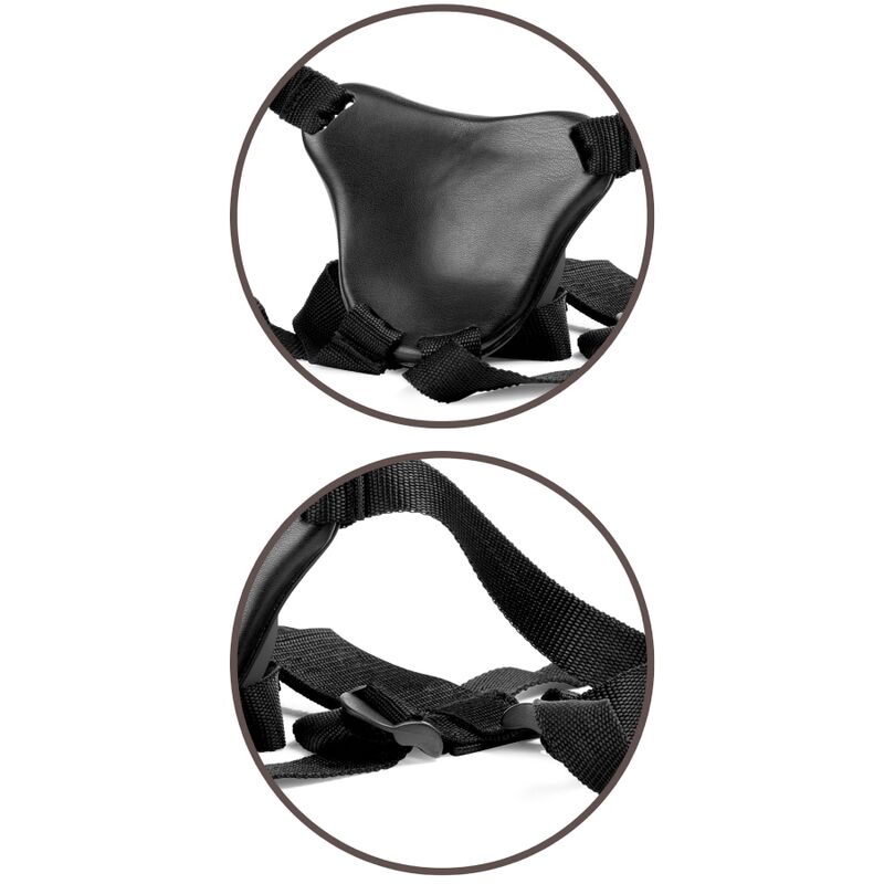 Imbracatura regolabile KING COCK Elite Kit con anello, testicoli e dildo di 20,3 cm, in dettaglio.