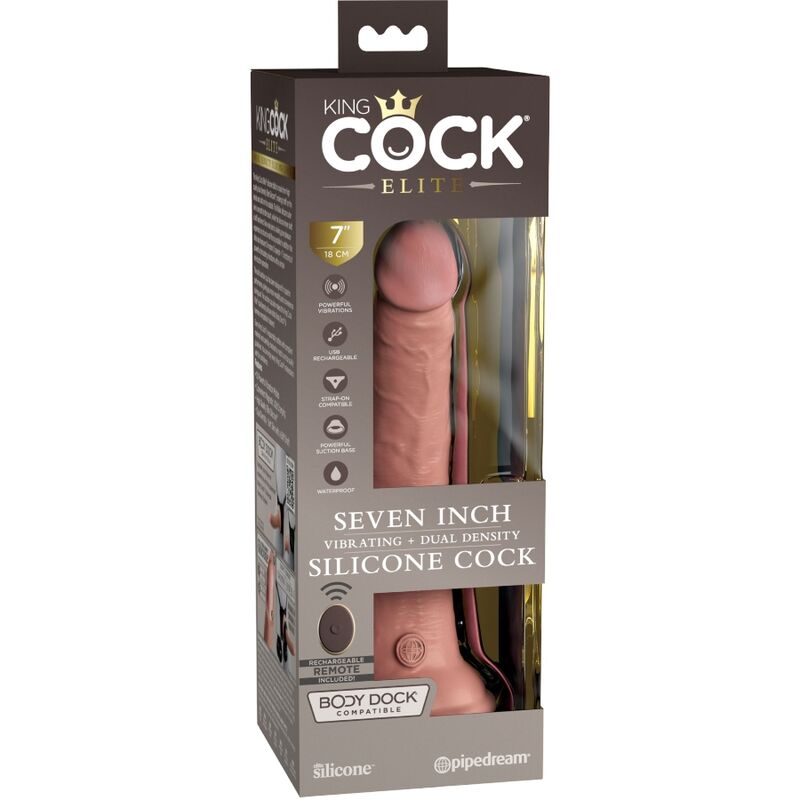Dildo vibratore realistico KING COCK ELITE in silicone da 17,8 cm con telecomando, dettagli realistici e superficie liscia.