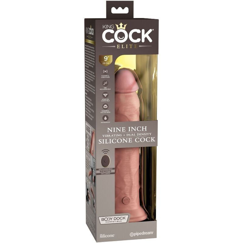 Vibratore dildo realistico KING COCK ELITE in silicone, 23 cm, con telecomando, visualizzato in primo piano su sfondo neutro.