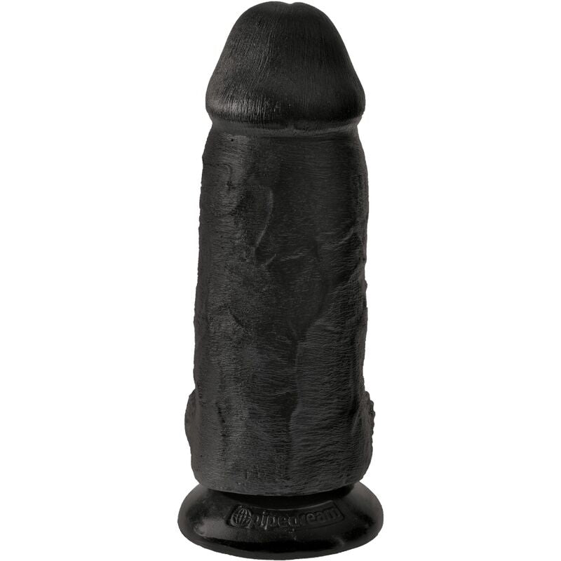 Penis realistico passodato nero KING COCK di 23 cm, dettagli realistici e texture naturale, in primo piano.