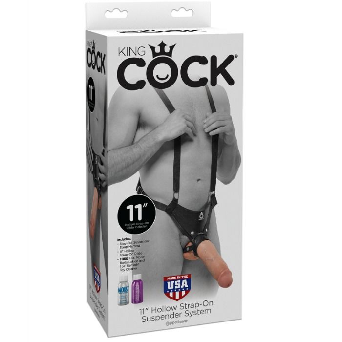Sistema di regolazione KING COCK, strap-on hollow in carne, lungo 28 cm, con dettagli realistici e cinturino regolabile.
