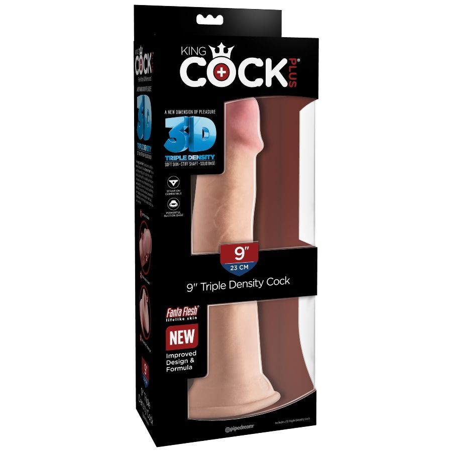 Dildo tripla densità KING COCK PLUS, lunghezza 23 cm, con superficie realistico e dettagli anatomici, in materiale di alta qualità.