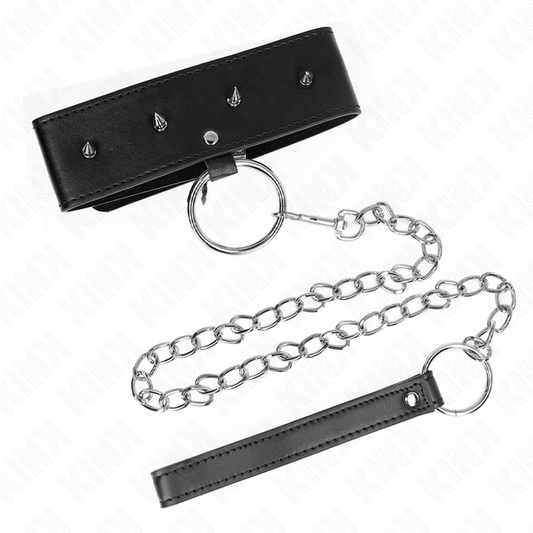 Collana KINK da 65 cm con guinzaglio e borchie in argento, modello regolabile 36-43 cm, design elegante e robusto.