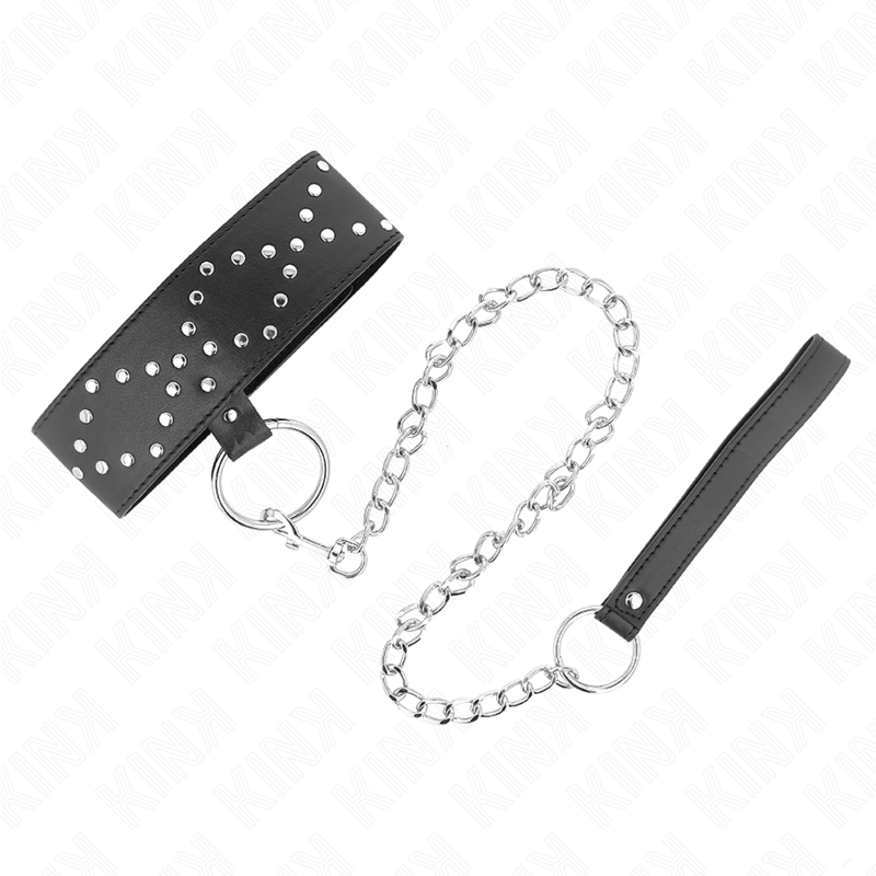 Collana KINK di 65 cm con guinzaglio, borchie argento, modello regolabile da 36 a 43 cm, con dettagli in metallo.