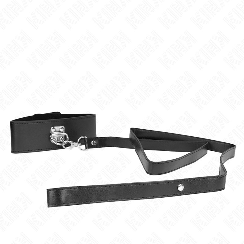 Collana con cintura regolabile KINK in pelle nera lunga 116 cm, modello 2 con fibbia e dettagli decorativi.