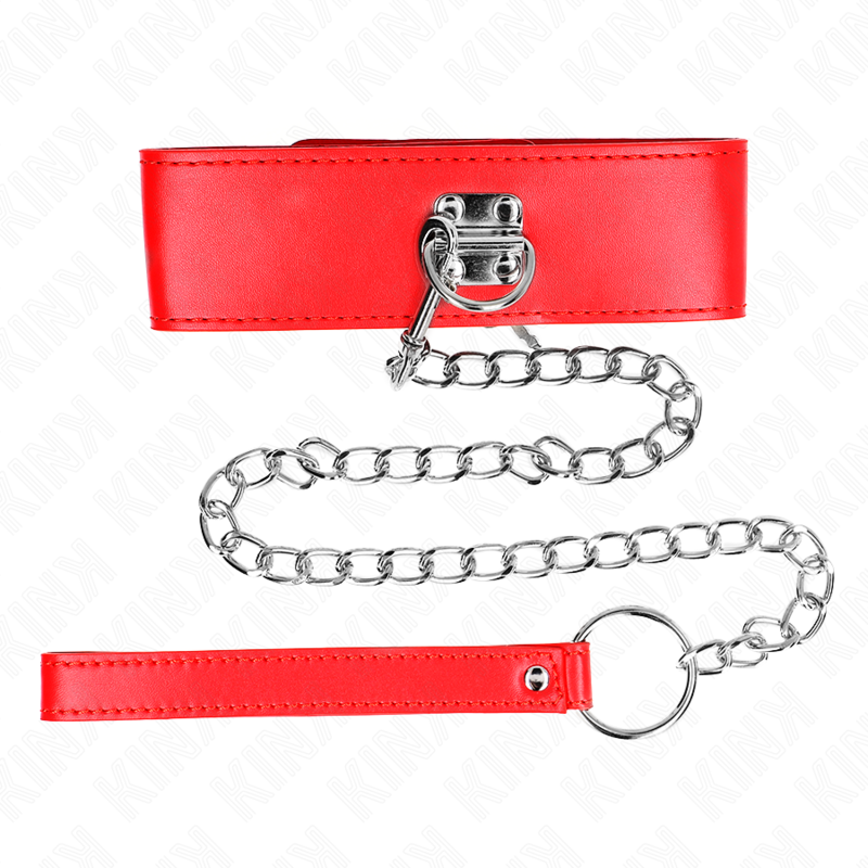Collana con cintura regolabile KINK, lunga 65 cm, cinturino rosso largo 5 cm, regolabile tra 33,5 e 41 cm, in stile bondage.