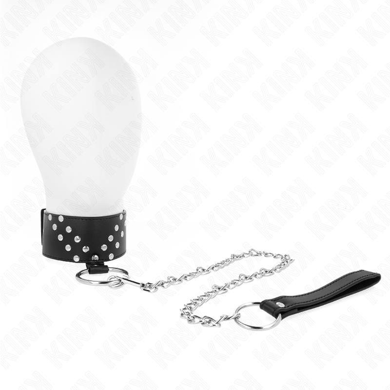 Collana con cintura KINK in pelle nera, lunghezza 65 cm, rivetto a V regolabile da 36 a 43 cm, larga 5 cm.