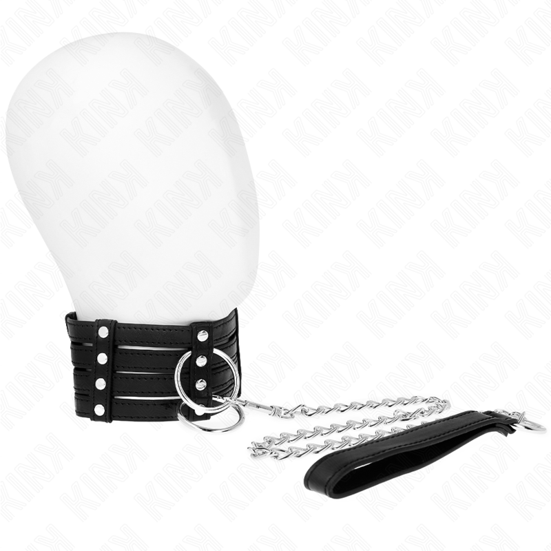 Collana con cintura KINK, stile sub regolabile da 35 a 51 cm, lunga 65 cm, in pelle nera, con dettagli metallici.