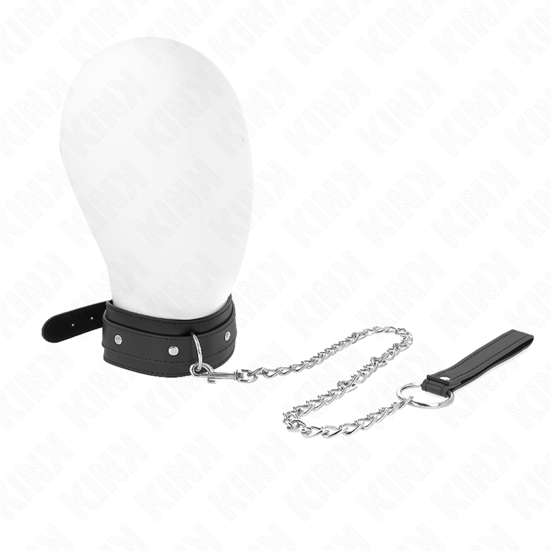 Collana con guinzaglio KINK in pelle nera, lunghezza 65 cm, con anello regolabile da 38 a 49 cm, dettagli in stile BDSM.