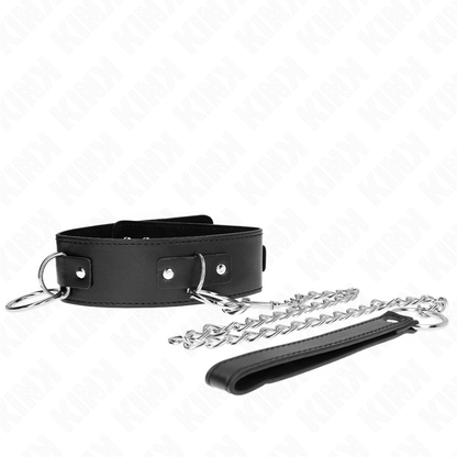 Collana con guinzaglio KINK, 65 cm, con 3 modelli di anelli e regolabile da 36 a 43 cm, in resistente materiale nero.