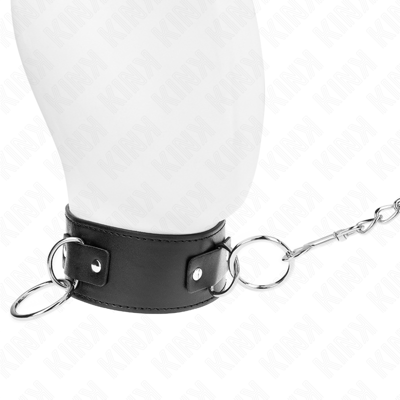 Collana con guinzaglio KINK in pelle nera, 65 cm, con anelli e regolabile tra 36-43 cm, per uso BDSM e bondage.