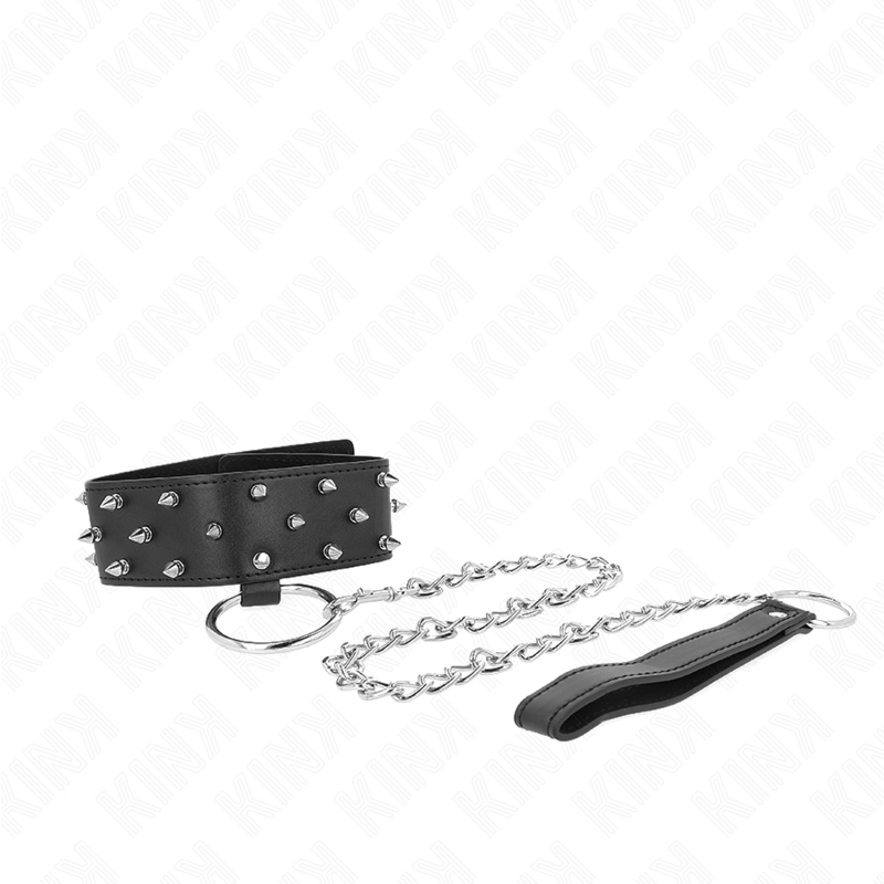 Collana con guinzaglio KINK in argento, modello regolabile con borchie, lunga 65 cm, per pratiche BDSM e fetish.