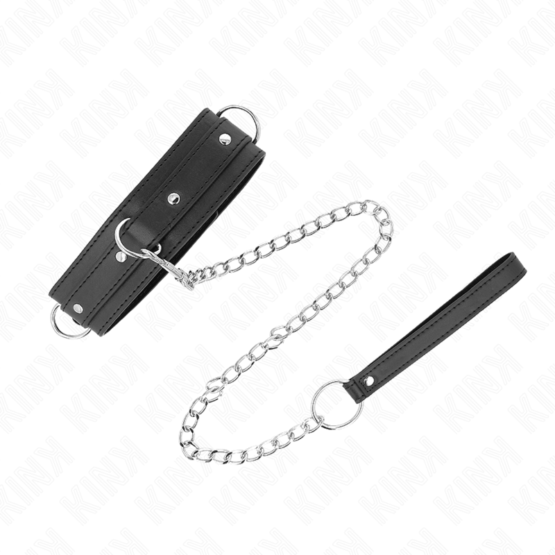 Collana con guinzaglio KINK, modello con 3 anelli e lunghezza regolabile da 38 a 49 cm, in acciaio e pelle, 65 cm totale.