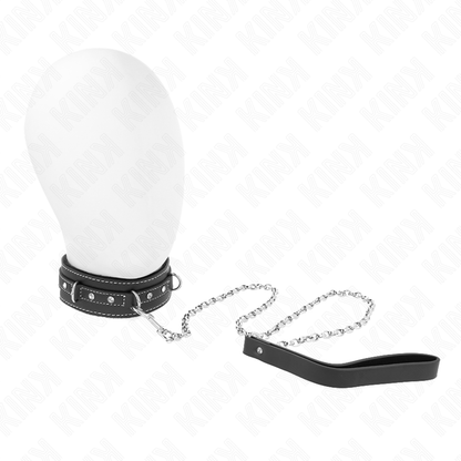 Collana in pelle PVC KINK con cintura, rivetti e strass, lunga 105 cm, con dettagli di 41,5 x 4 cm, stile elegante e robusto.