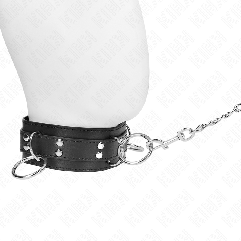 Collana bondage KINK con tre anelli e cinturino da 80 cm, in nylon nero, misura 53 x 5 cm, adatta a giochi BDSM e fetish.