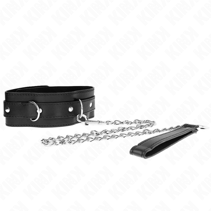 Collare con cintura KINK nero, lunga 65 cm, con cinturino di 54 x 4,5 cm, in pelle e metallo, per giochi BDSM.